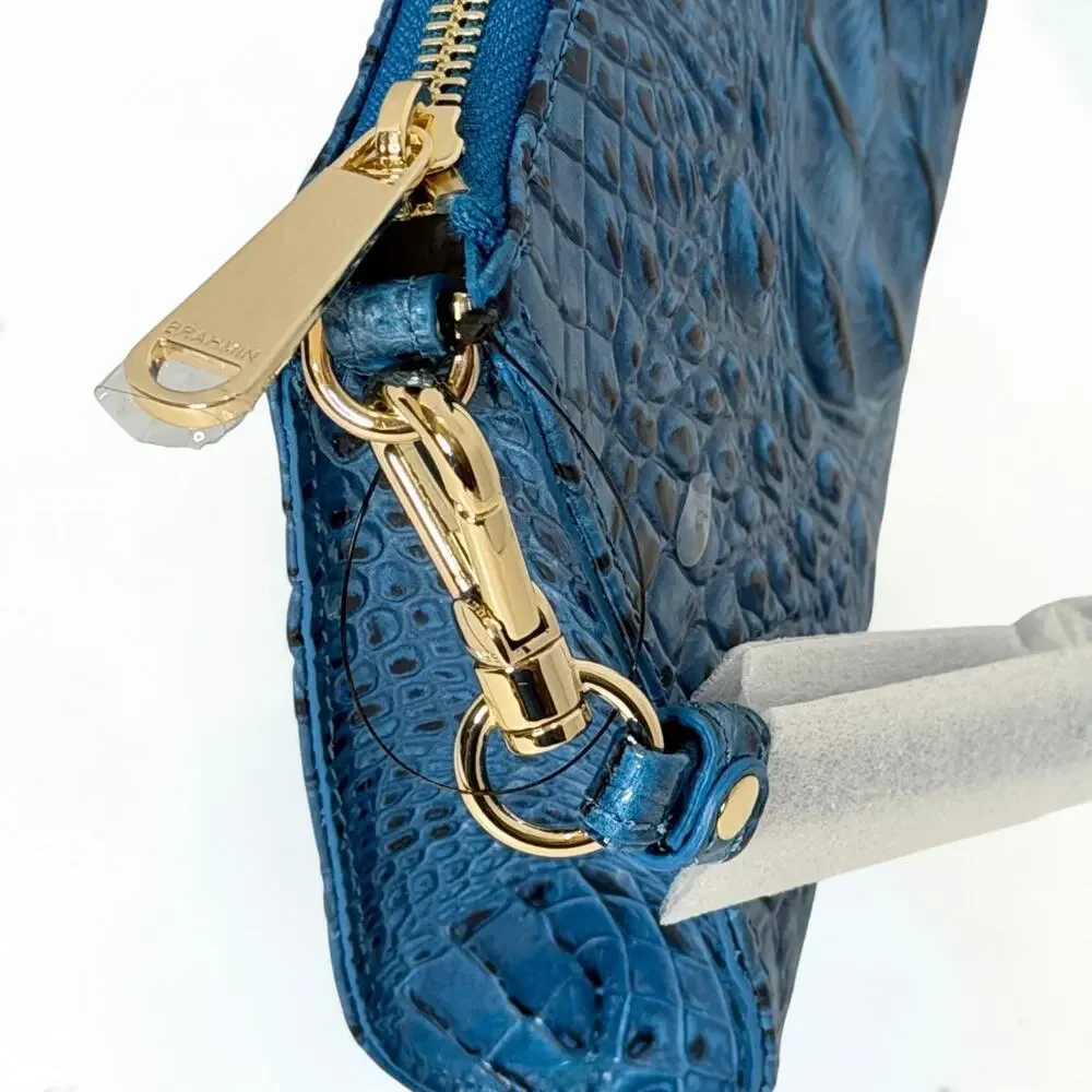 Brahmin Daisy Vibrant Azure Melbourne Leather Wristlet Clutch Blue NWT Dust Bag